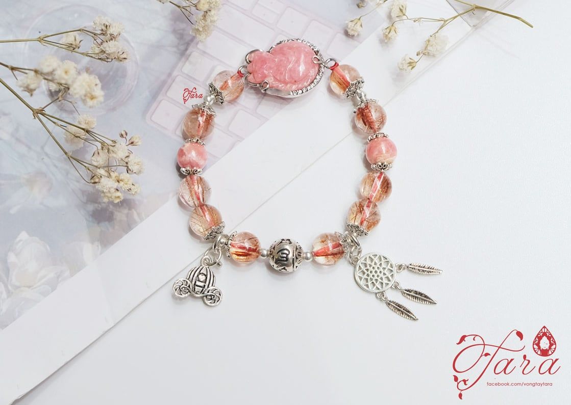Vòng tay Hồ ly Đào Hoa và Thạch Anh Tóc Đỏ mix Charm Bạc Thái 925