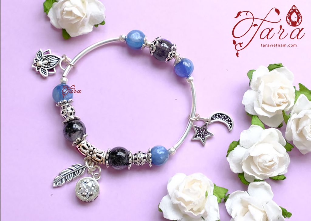 Lắc Bạc Kyanite mix thạch anh tóc đen thời trang, cá tính