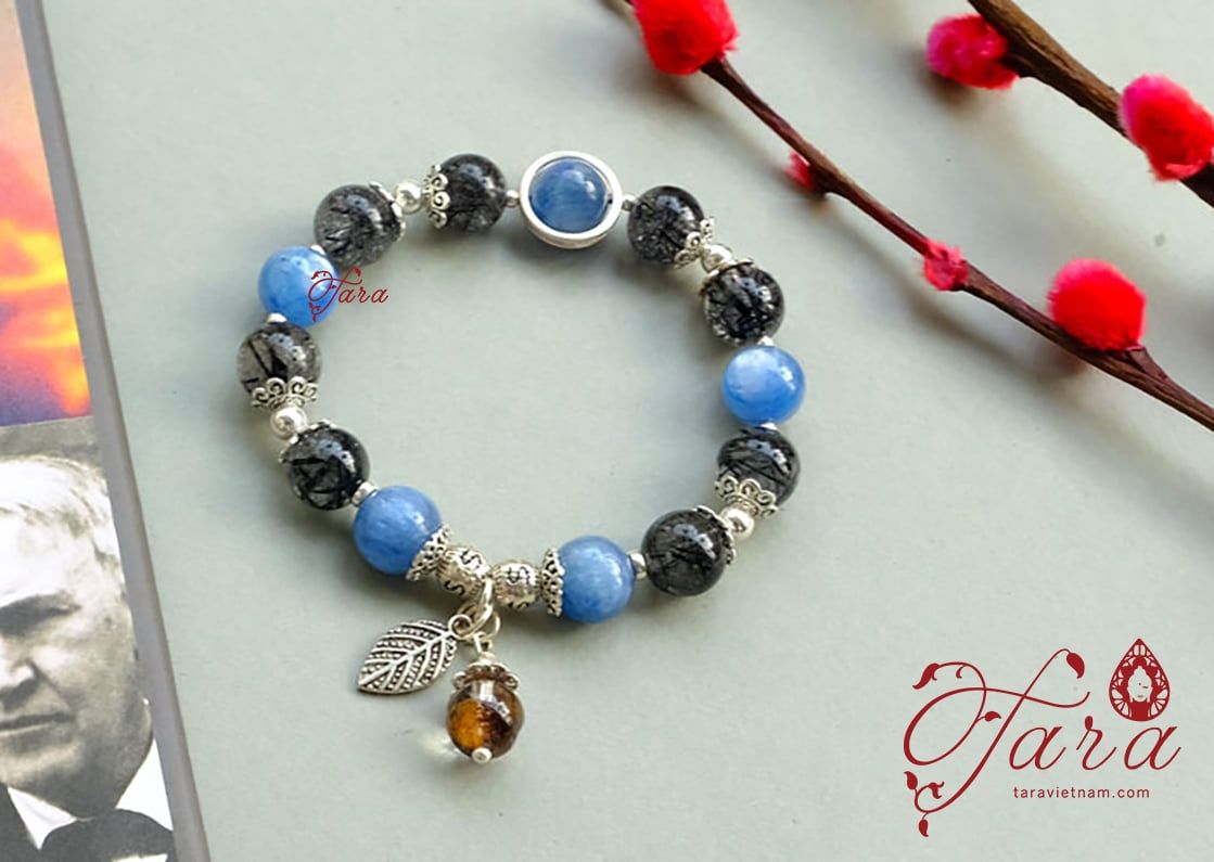 Vòng tay Kyanite mix Thạch anh tóc đen và Charm bạc 925