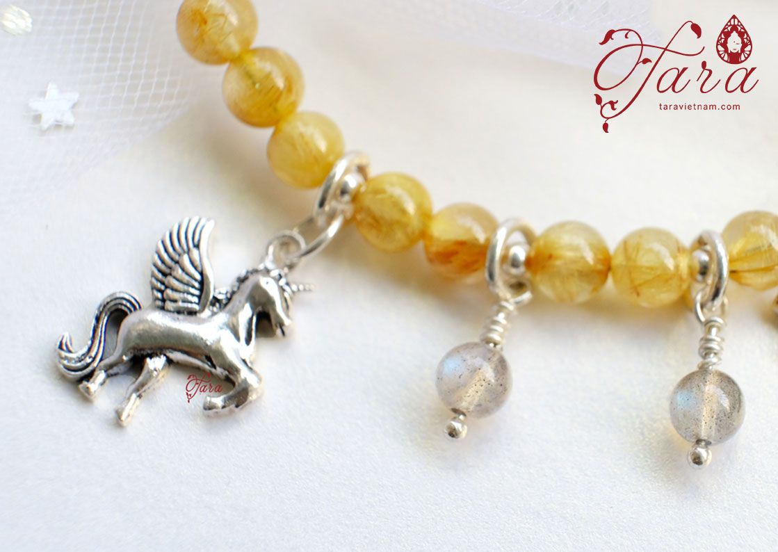 Lắc chân Thạch anh tóc vàng và Labradorite mix Charm Bạc Thái 925