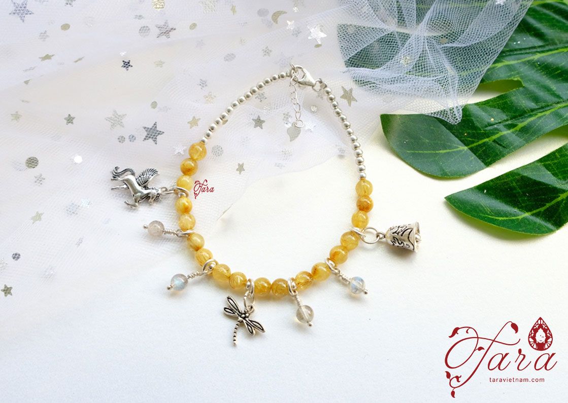 Lắc chân Thạch anh tóc vàng và Labradorite mix Charm Bạc Thái 925
