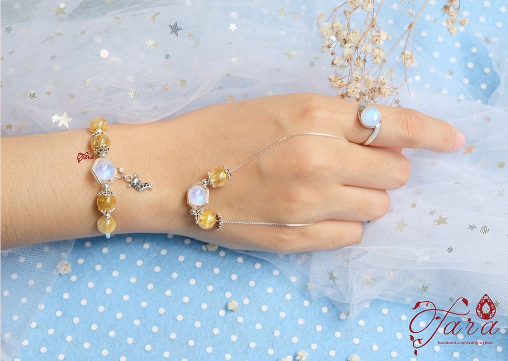  Set trang sức Thạch Anh Tóc Vàng mix Moonstone và Charm bạc Thái cao cấp 