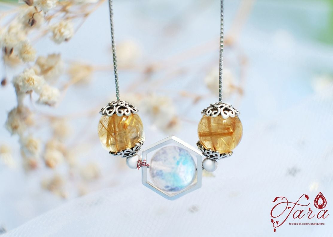 Set trang sức Thạch Anh Tóc Vàng mix Moonstone và Charm bạc Thái cao cấp