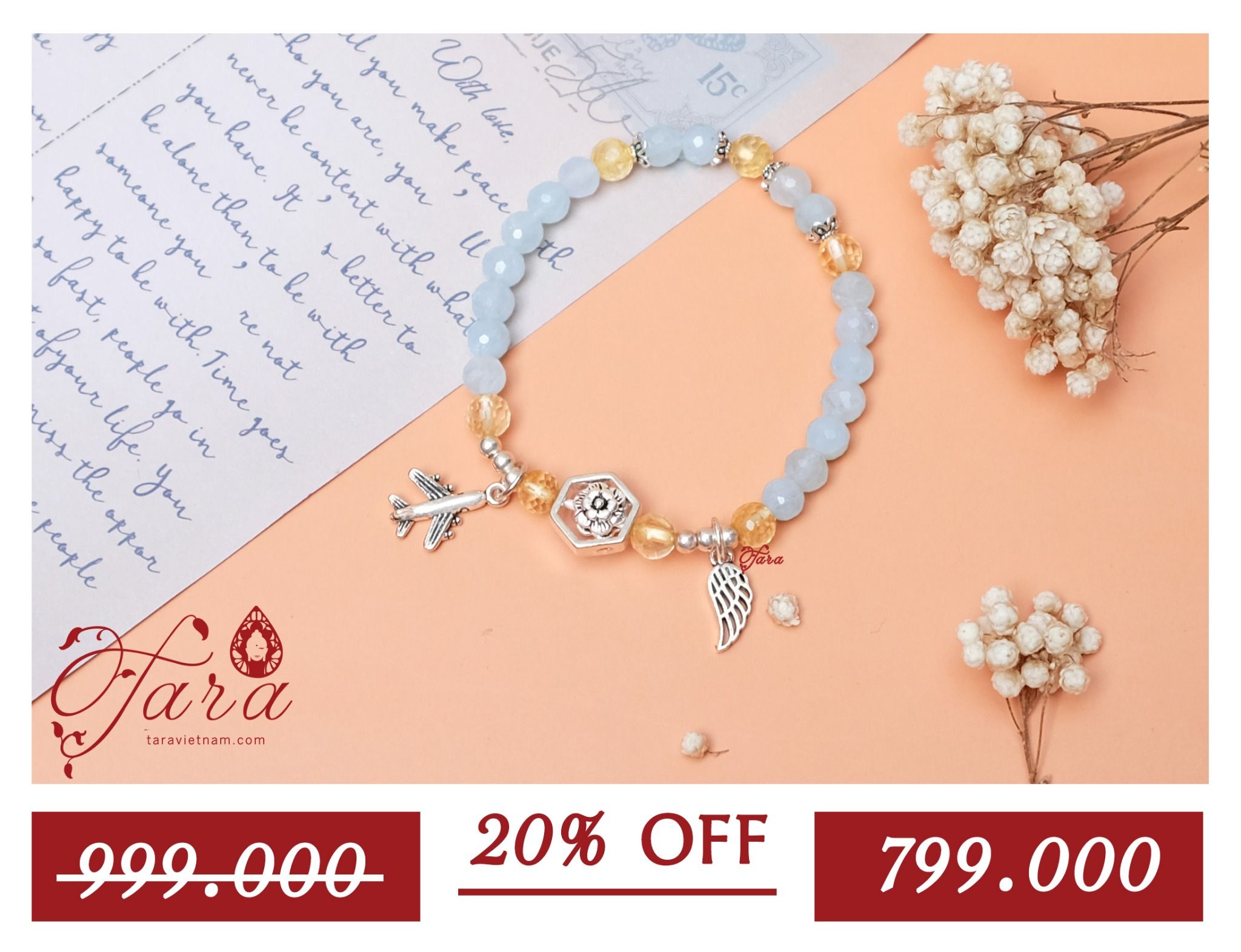 A-SALE - Vòng tay đá Aquamarine mix Thạch anh vàng mài giác lấp lánh