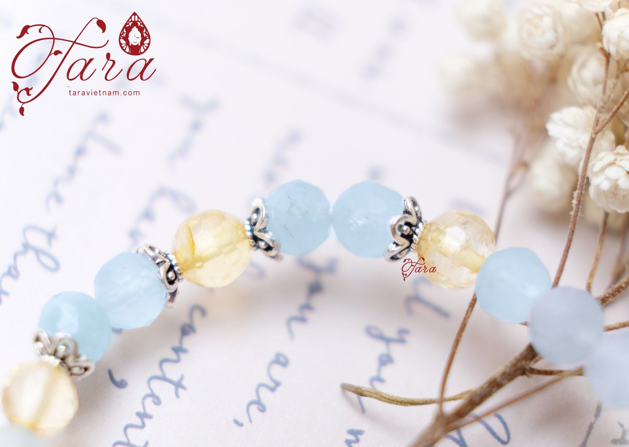  Lắc Aquamarine mix Thạch anh vàng mài giác xinh xắn 