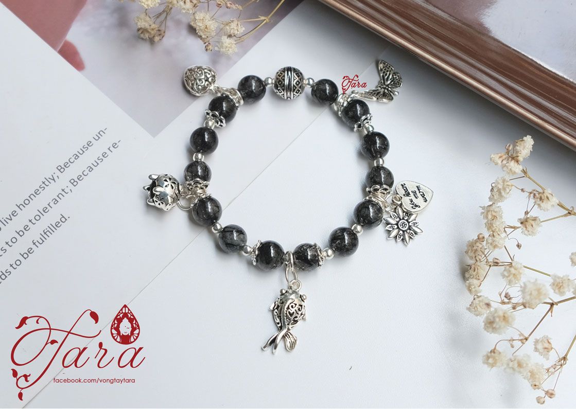 Vòng tay thạch anh tóc đen mix Charm bạc Thái 925