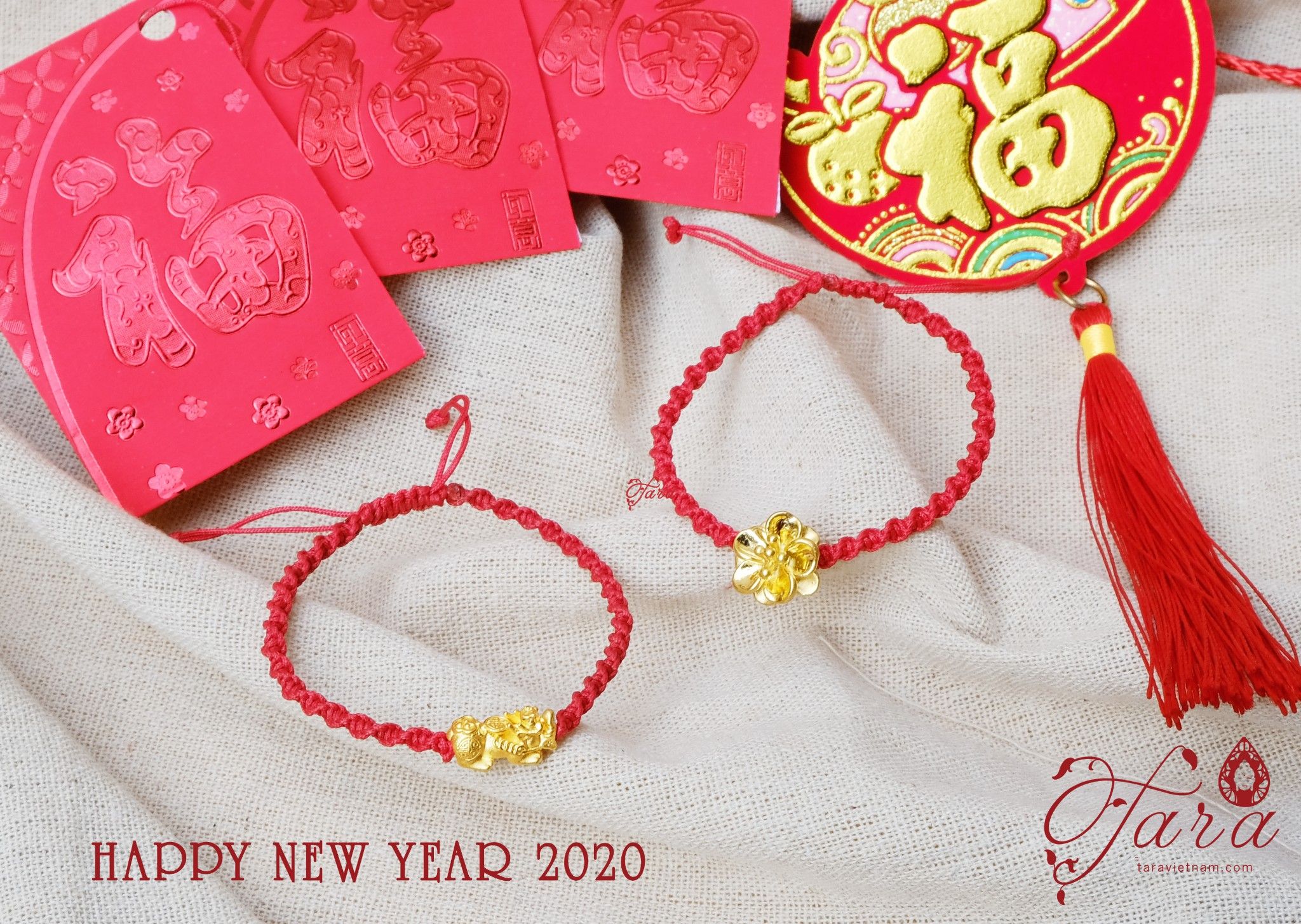 Vòng dây vải thắt Charm Hoa Mai Vàng 24k