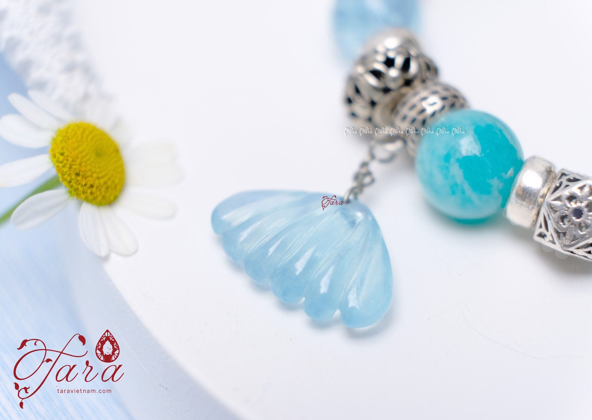 Vòng tay đá Amazonite mix đá Topaz trong trẻo và Charm bạc 925