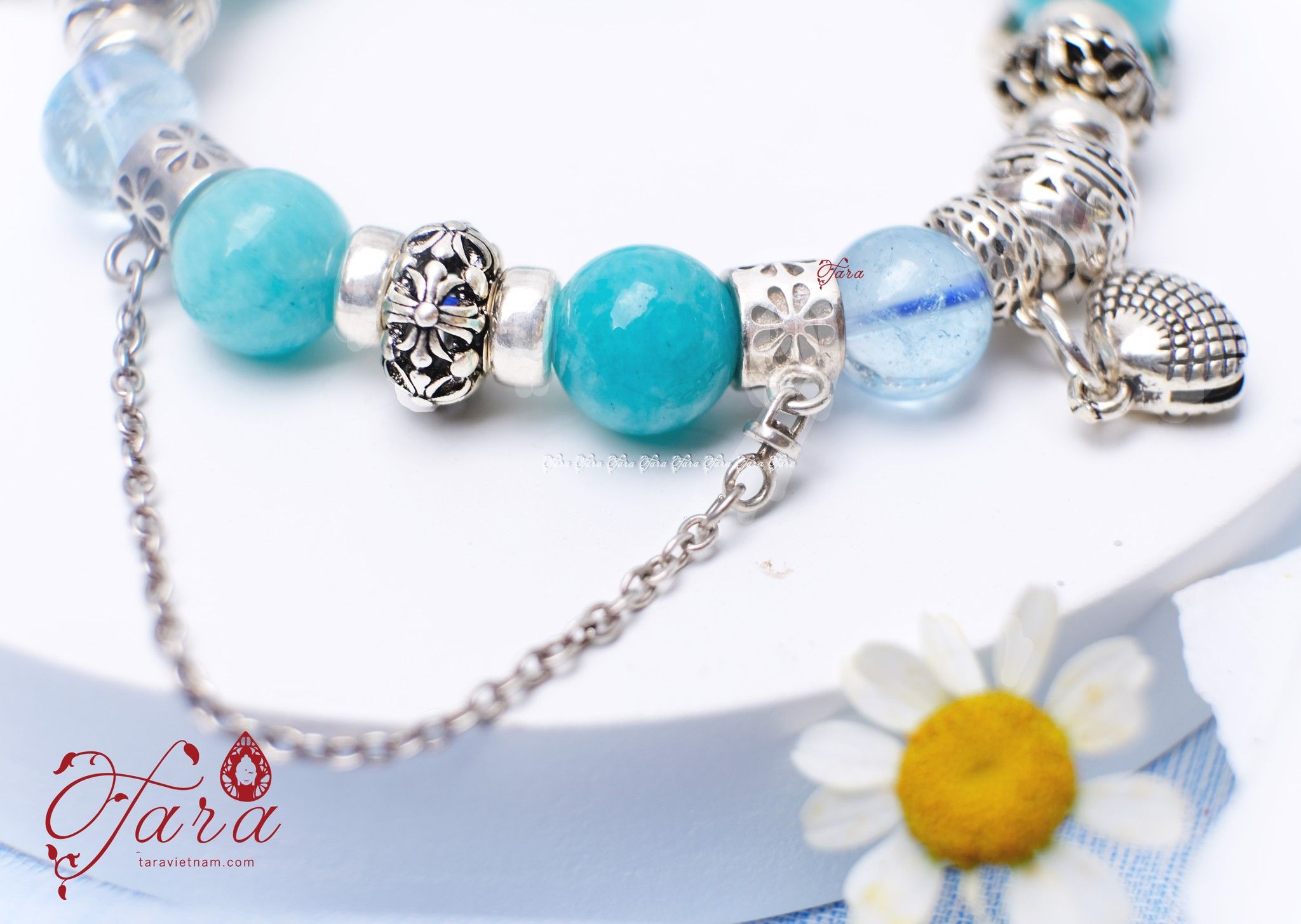 Vòng tay đá Amazonite mix đá Topaz trong trẻo và Charm bạc 925