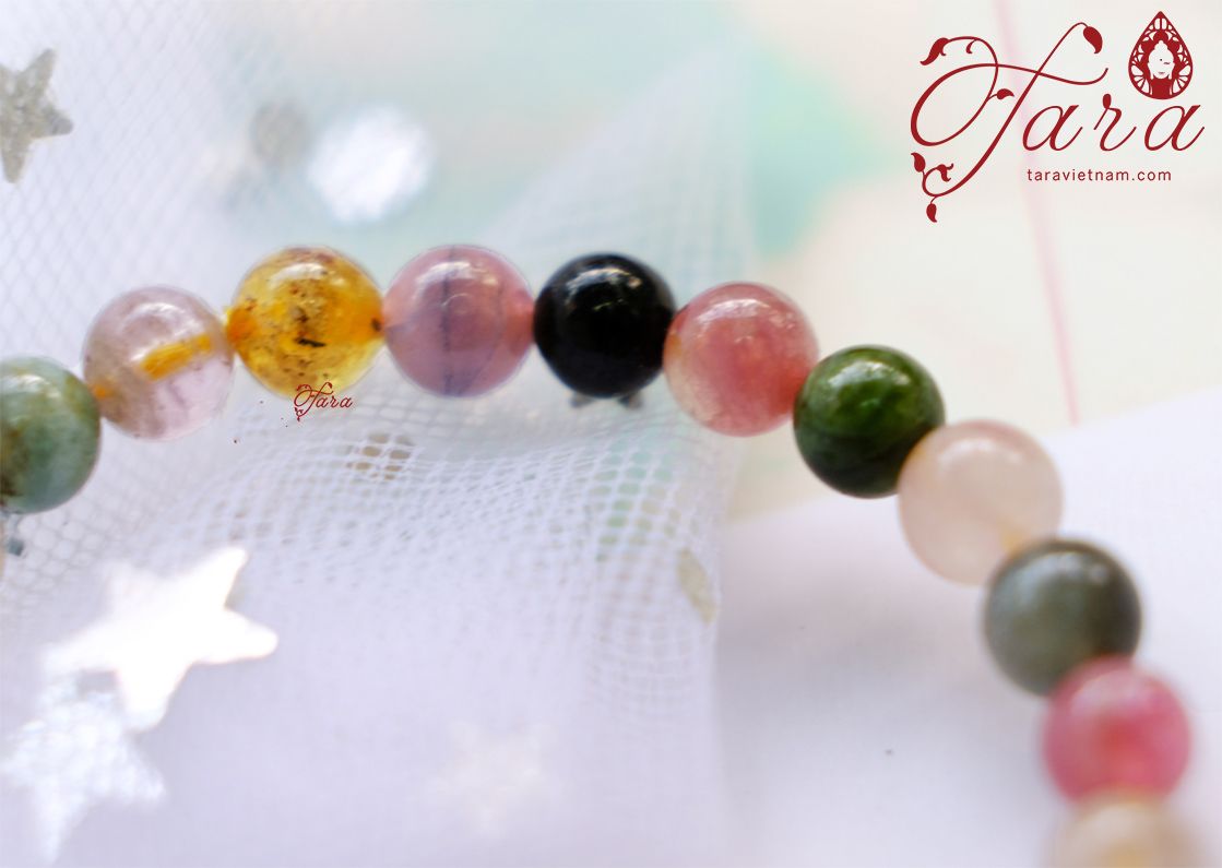 For Baby- Vòng Tourmaline mix Hổ phách và chuông bạc xinh xắn