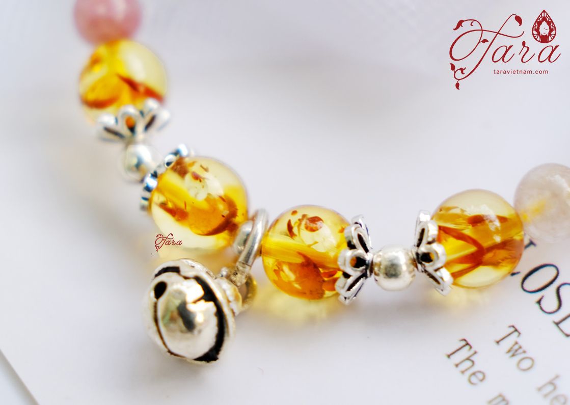 For Baby- Vòng Tourmaline mix Hổ phách và chuông bạc xinh xắn