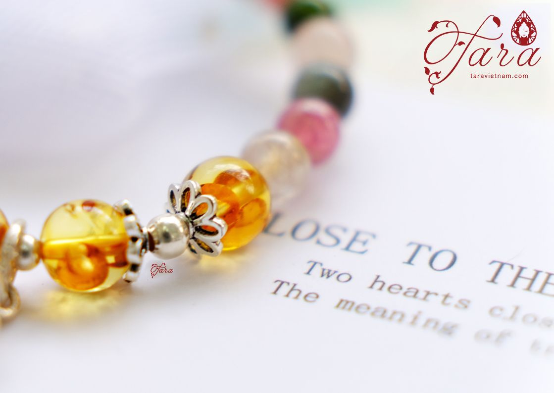 For Baby- Vòng Tourmaline mix Hổ phách và chuông bạc xinh xắn