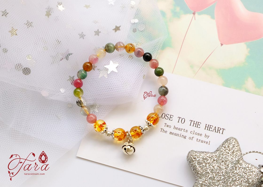 For Baby- Vòng Tourmaline mix Hổ phách và chuông bạc xinh xắn