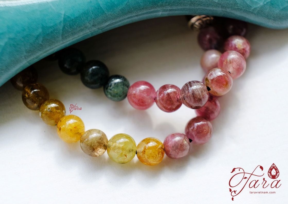  Lắc chân Tourmaline và Hổ Phách mix Chuông Bạc cao cấp 