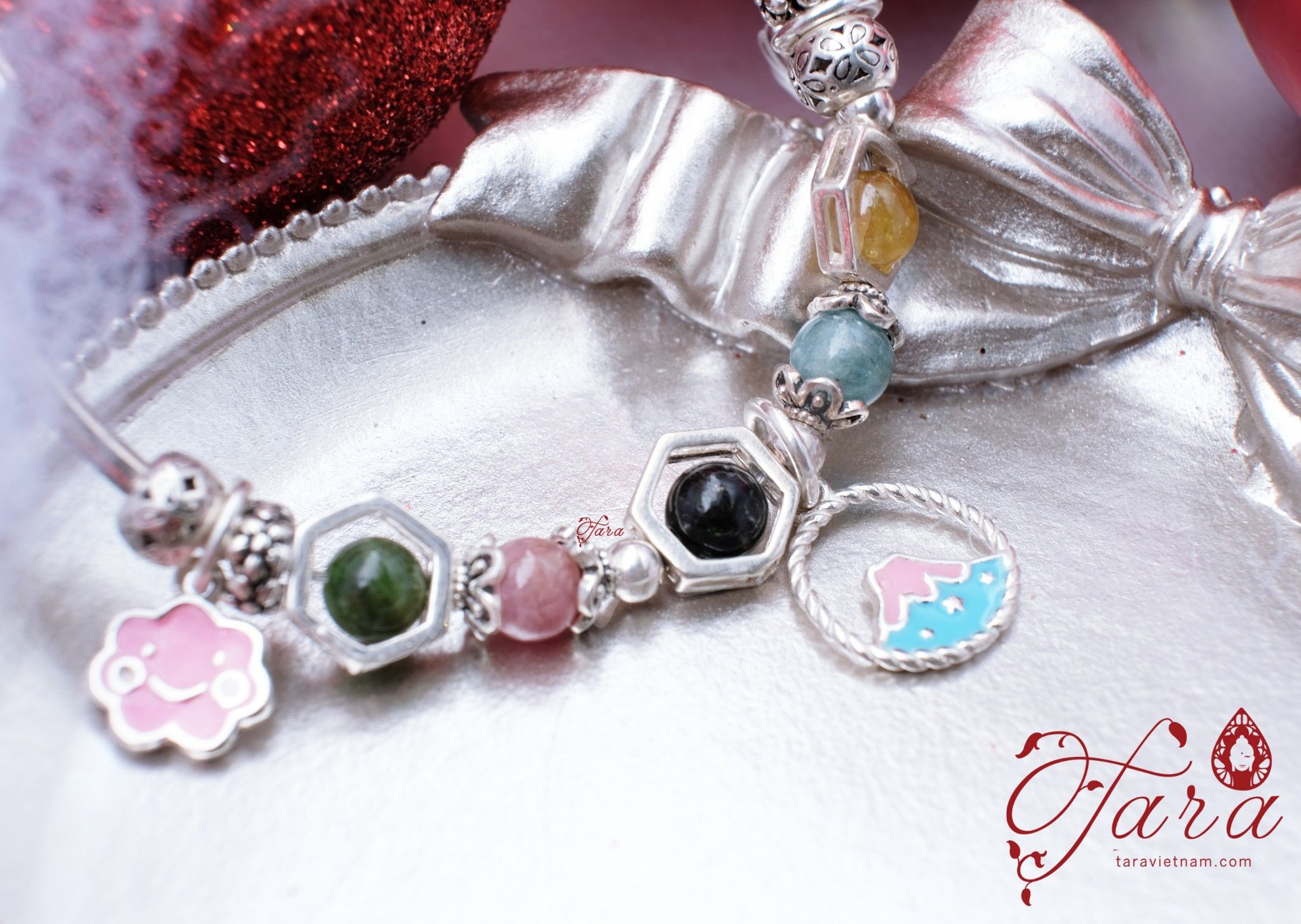 Vòng đá Tourmaline mix Charm bạc Thái 925 cao cấp