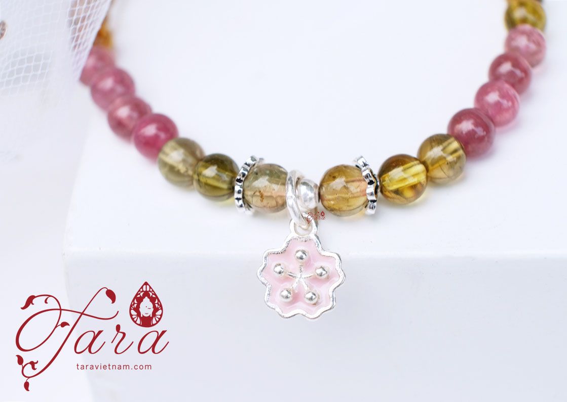  A00 - Vòng Tourmaline mix Charm Bạc Hoa Đào 