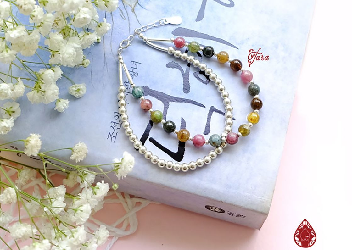 Lắc đôi Tourmaline mix Bi Bạc 925