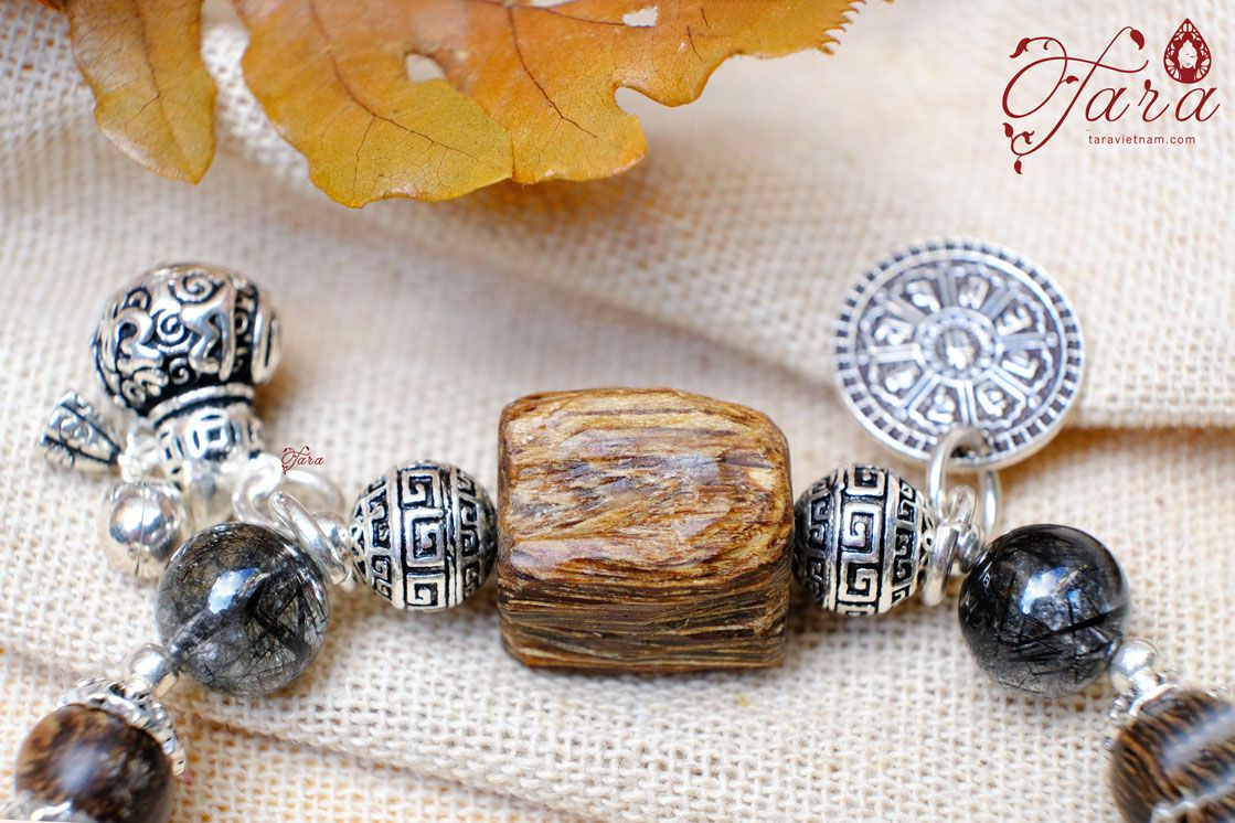 Set vòng tay Trầm Hương mix Thạch Anh Tóc Đen và Charm Bạc 925
