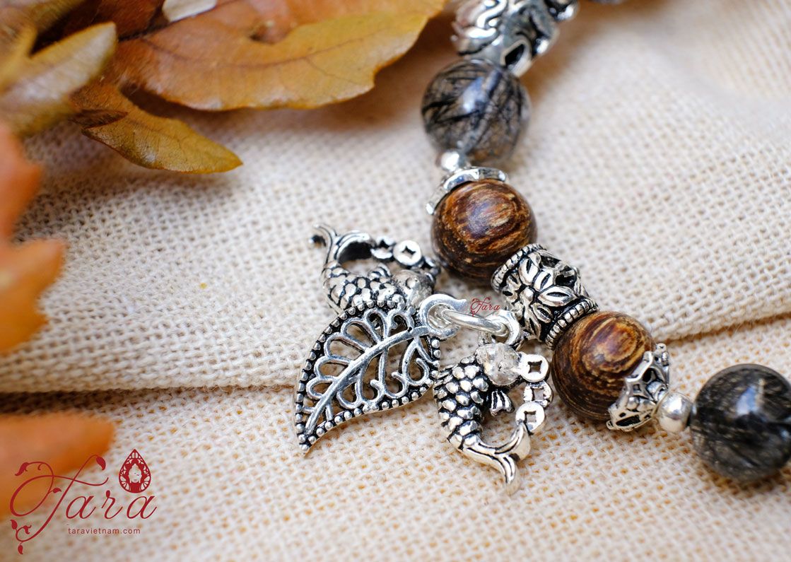 Vòng cặp Trầm Hương mix Thạch Anh Tóc Đen và Bạc 925