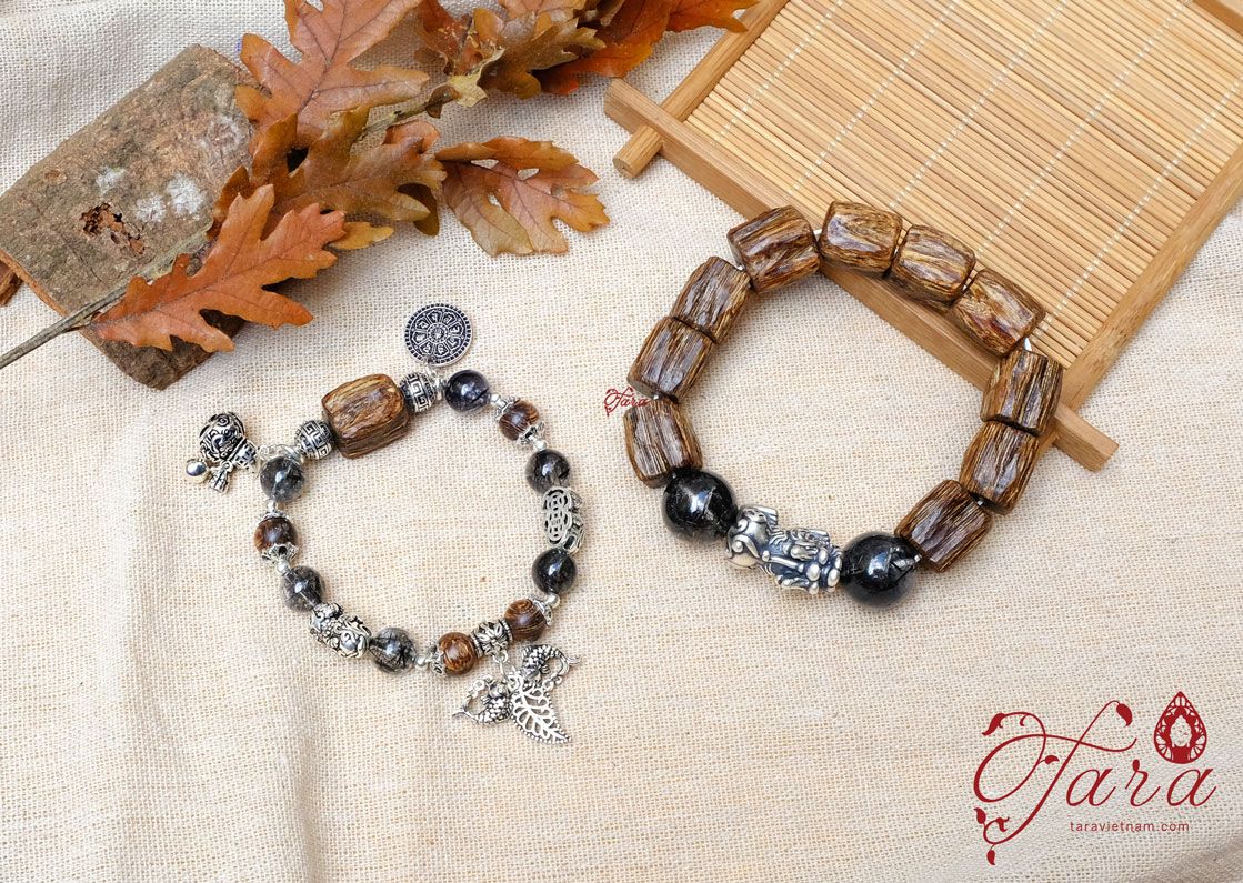 Vòng cặp Trầm Hương mix Thạch Anh Tóc Đen và Bạc 925