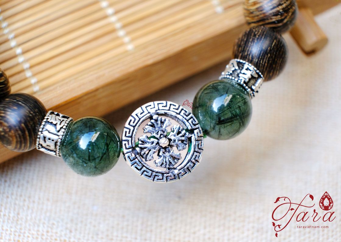 Vòng cặp Trầm Hương mix Thạch Anh Tóc Xanh và Charm Bạc 925
