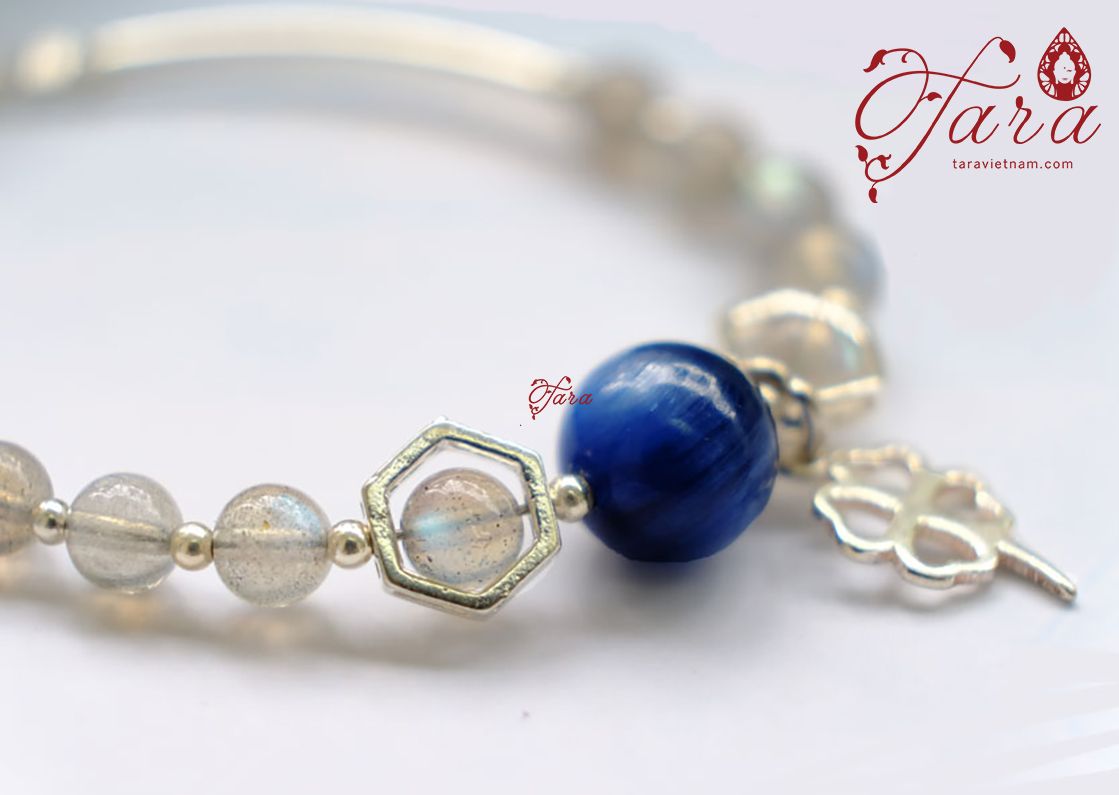 Lắc Bạc Labradorite mix Kyanite thanh mảnh, nhẹ nhàng