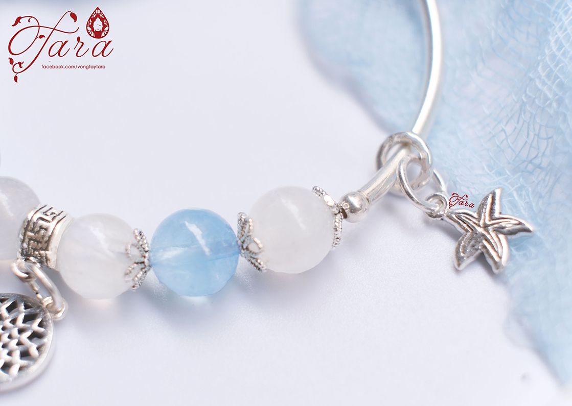 Kiềng tay bạc mix Aquamarine, Ưu Linh Trắng và Hắc Nguyệt Quang