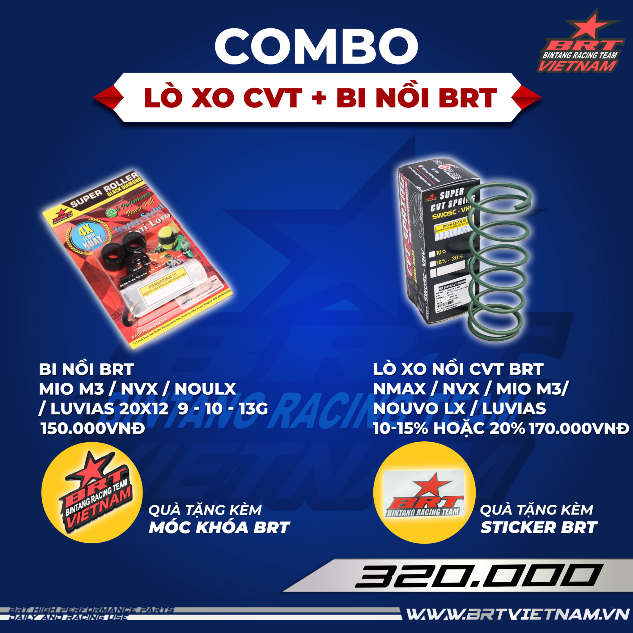  Combo Lò xo nồi tay ga NMAX / NVX / Mio M3/ Nouvo Lx / Luvias(10-15% hoặc 20%) + Bi nồi BRT 