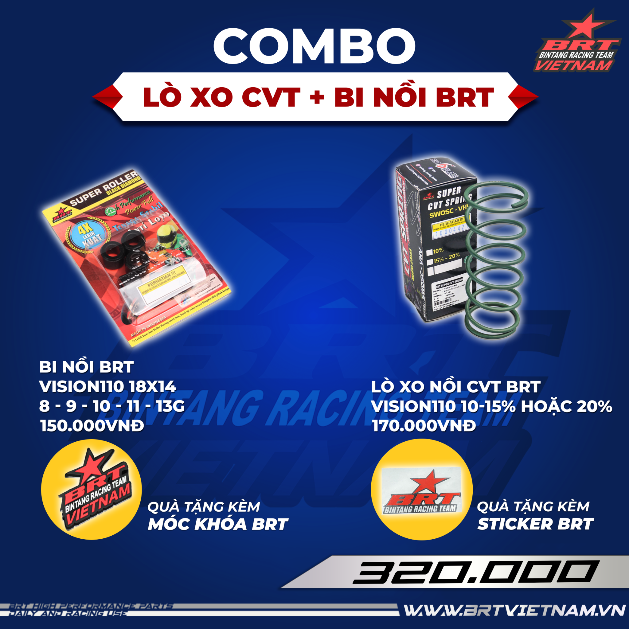  Combo Lò xo nồi tay ga Vision110 (10-15% hoặc 20%) + Bi nồi BRT 