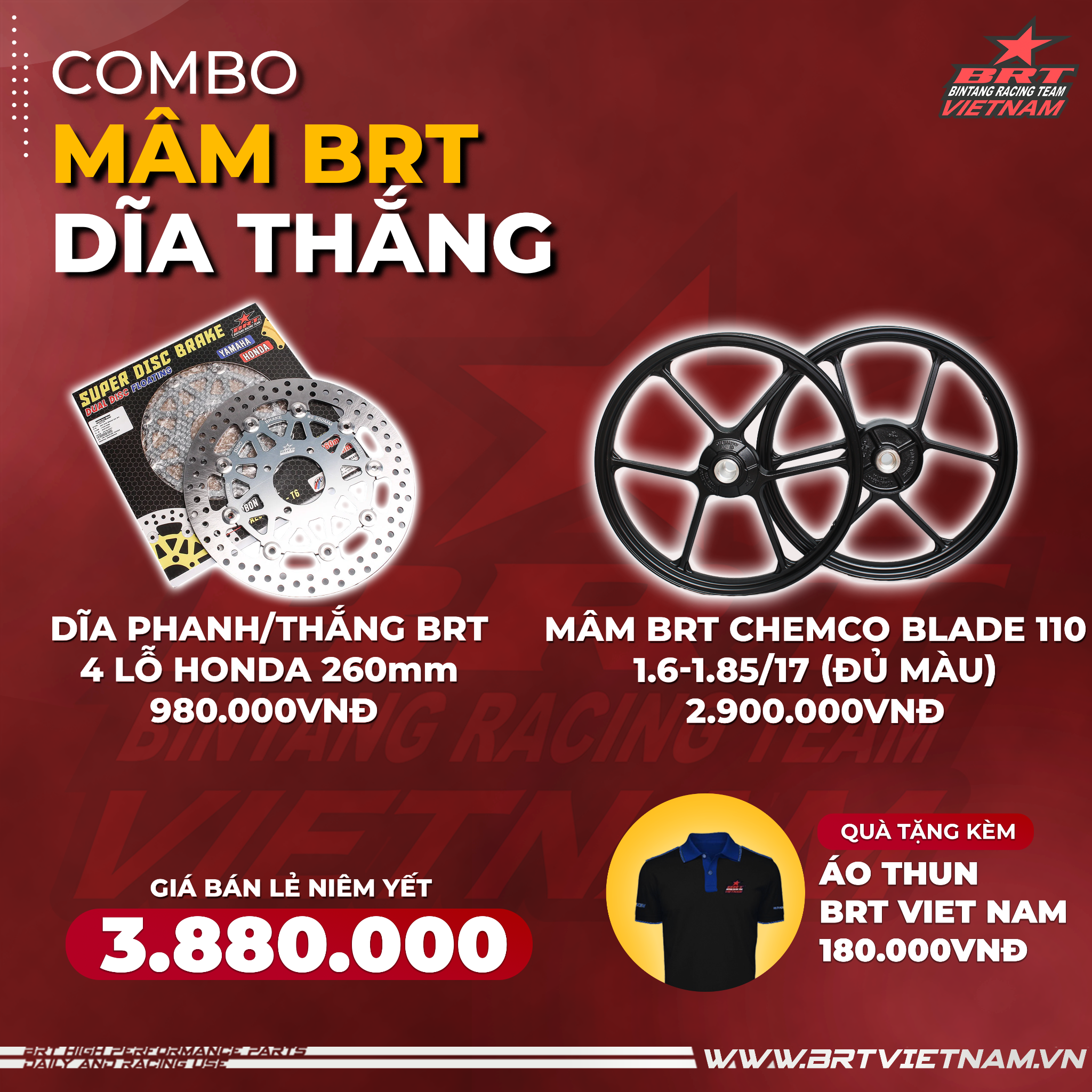  Combo Mâm BRT Chemco Blade 110 + Dĩa Thắng BRT 4 lỗ Honda 260mm - Tặng kèm  Áo thun BRT VIET NAM 