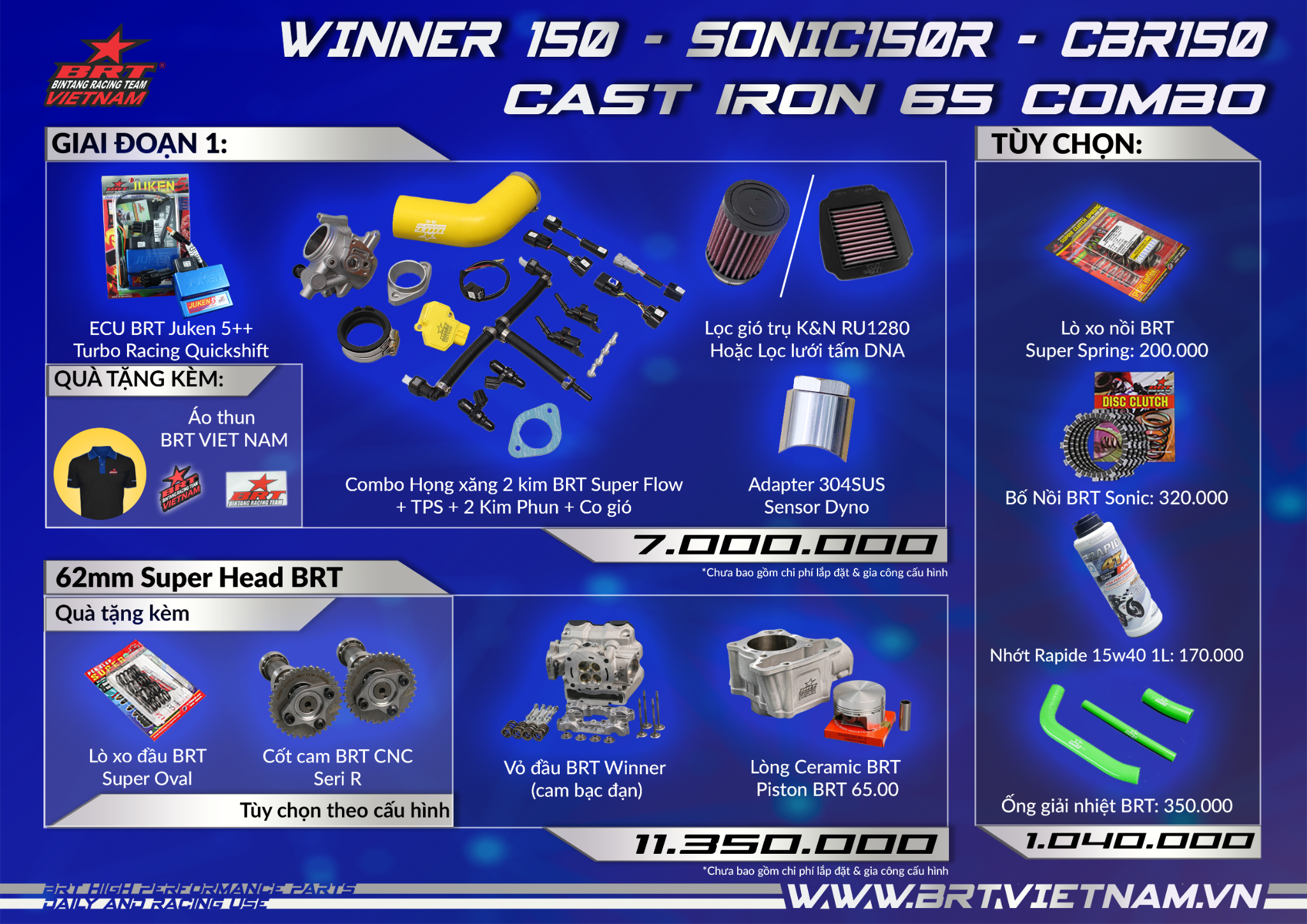 Combo Vỏ Đầu Cam Bạc Đạn 2Kim Winner V1 - Sonic - CBR 150 - Cast Iron 65mm 65zz (Street)