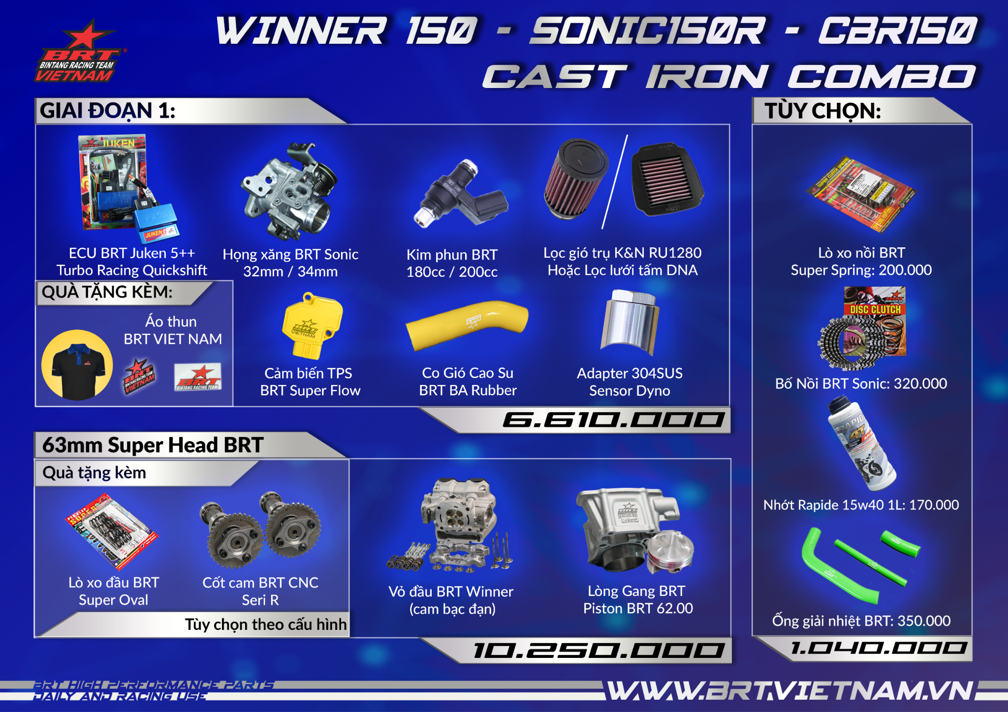 Combo Vỏ Đầu Cam Bạc Đạn Winner V1 - Sonic - CBR 150 - Cast Iron 62mm 177cc (Street)