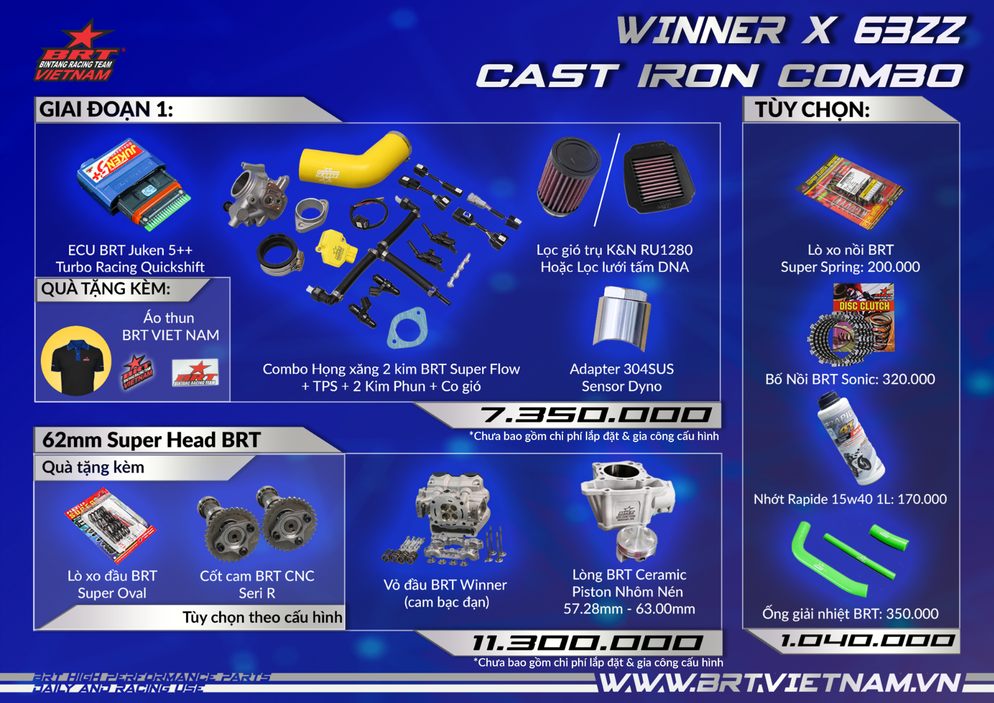 Combo Vỏ Đầu Cam Bạc Đạn Winner X/ CB150R/ CB150 Full 180cc + họng 2 kim 63zz 63mm BRT (Street)