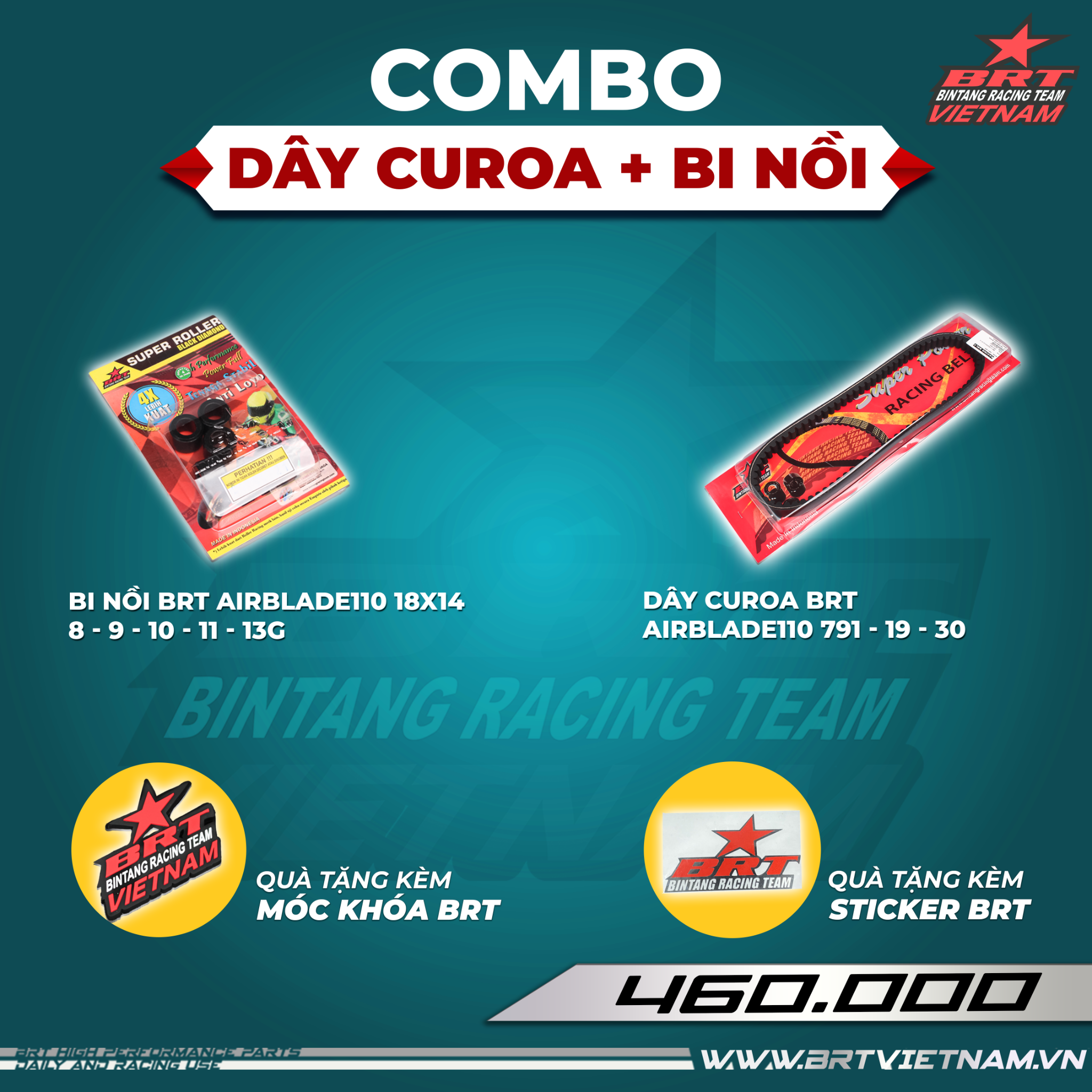  Combo Dây Curoa Airblade110 BRT + Bi nồi BRT - Tặng kèm móc khóa BRT + tem dán BRT 