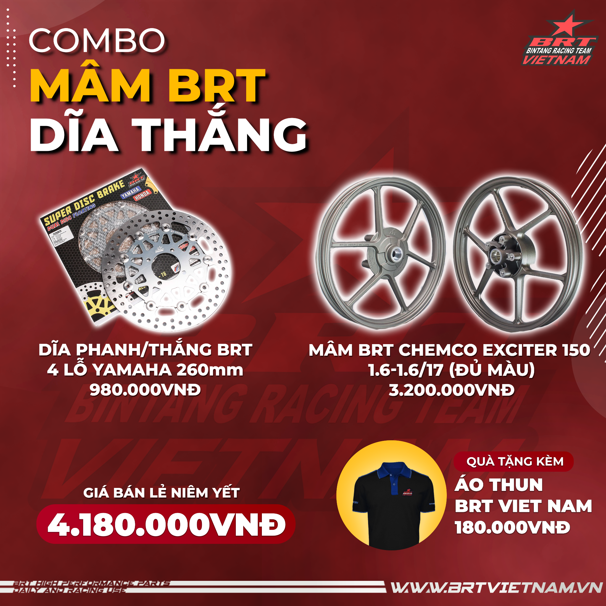  Combo Mâm BRT Chemco Exciter 150 + Dĩa Thắng BRT 4 lỗ Yamaha 260mm  - Tặng kèm Áo thun BRT VIET NAM 