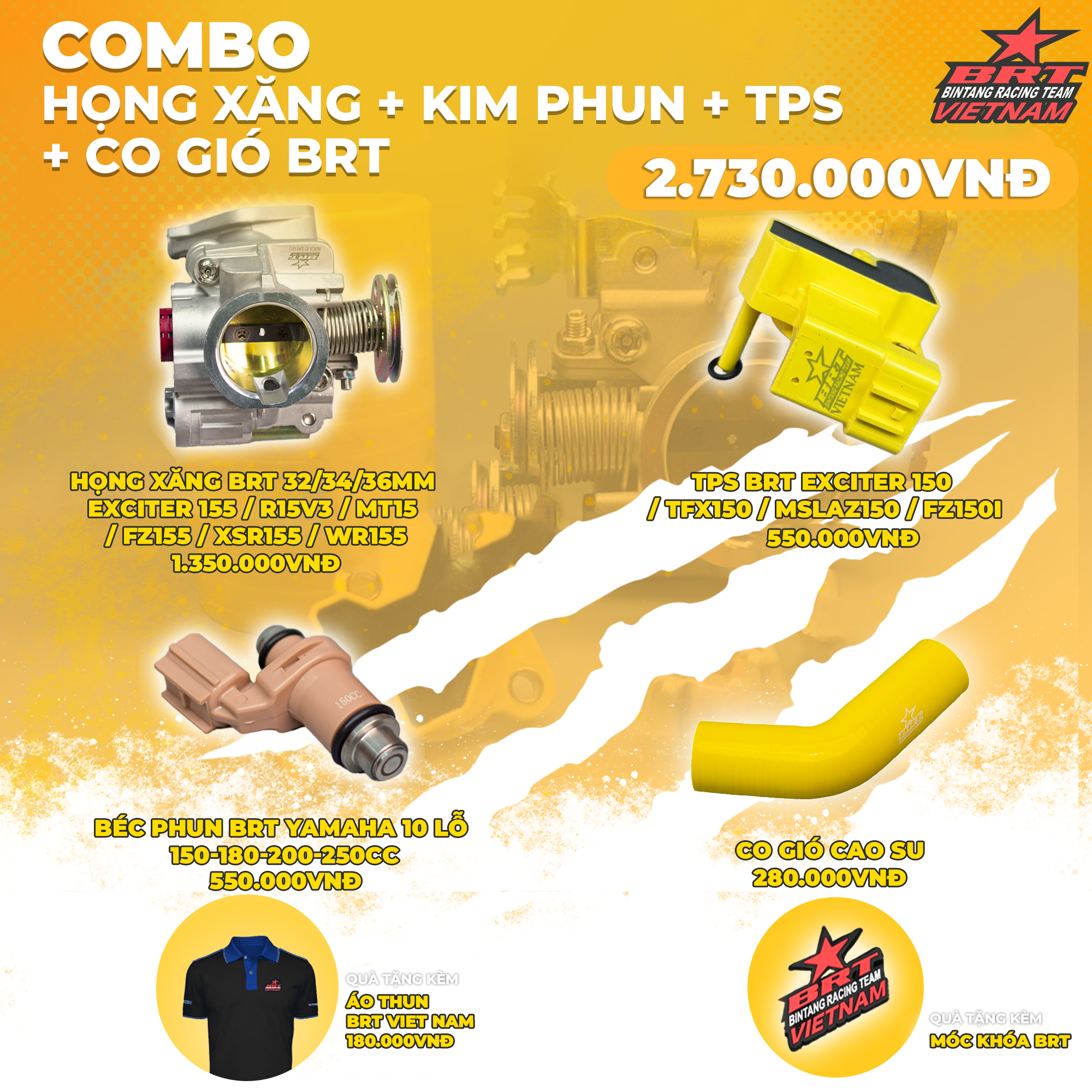  Combo Họng xăng + Kim Phun + TPS BRT + Co gió BRT dành cho Ex155, R15v3 - Tặng kèm áo thun BRT VIET NAM + móc khóa BRT 