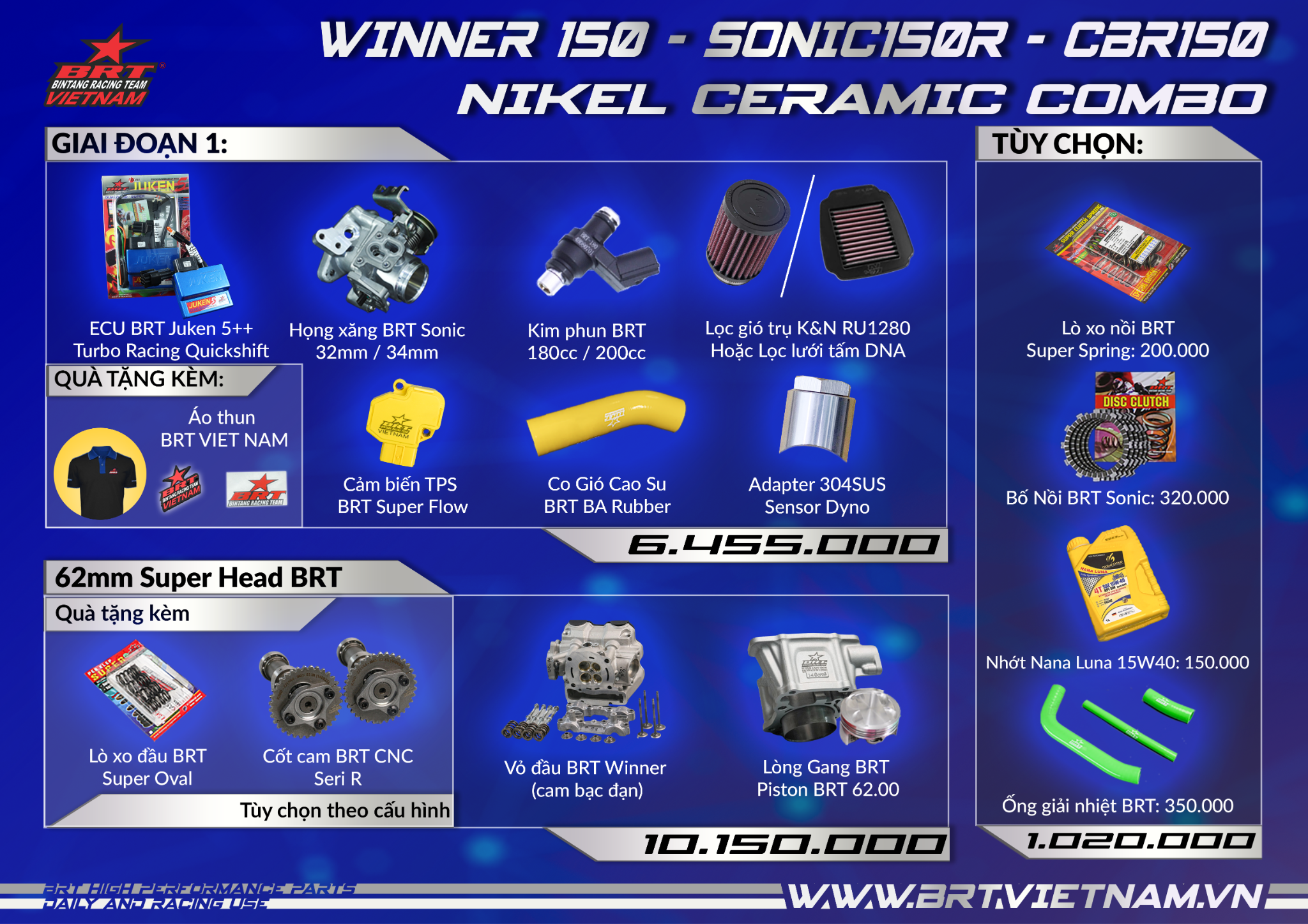  Combo Vỏ Đầu Cam Bạc Đạn Winner V1 - Sonic - CBR 150 - Cast Iron 62mm 177cc (Street) 