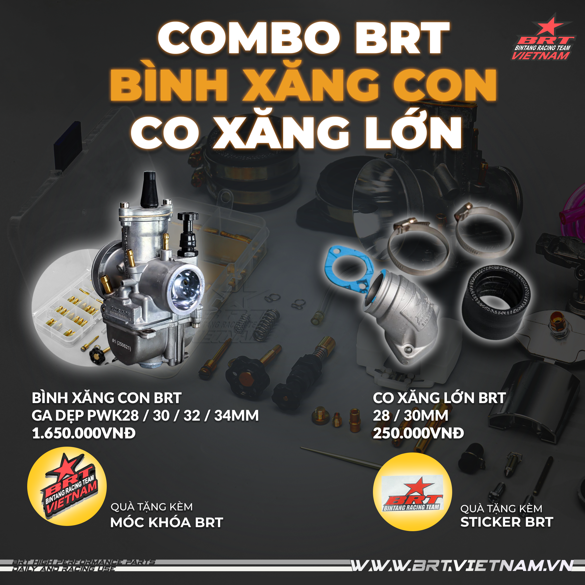  Combo Bình Xăng Con Ga Dẹp PWK 28/30/32/34mm + Co Xăng Lớn 28/30/32/34mm BRT 