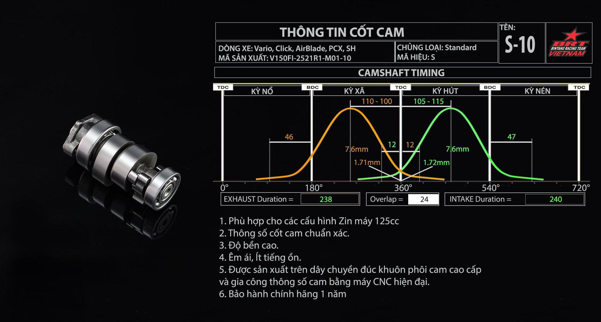 Cam BRT S10 Vario / Click / AirBlade / PCX / SH BRT