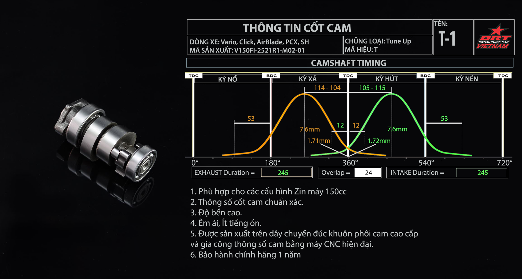 Cam BRT T1 Vario / Click / AirBlade / PCX / Sh BRT