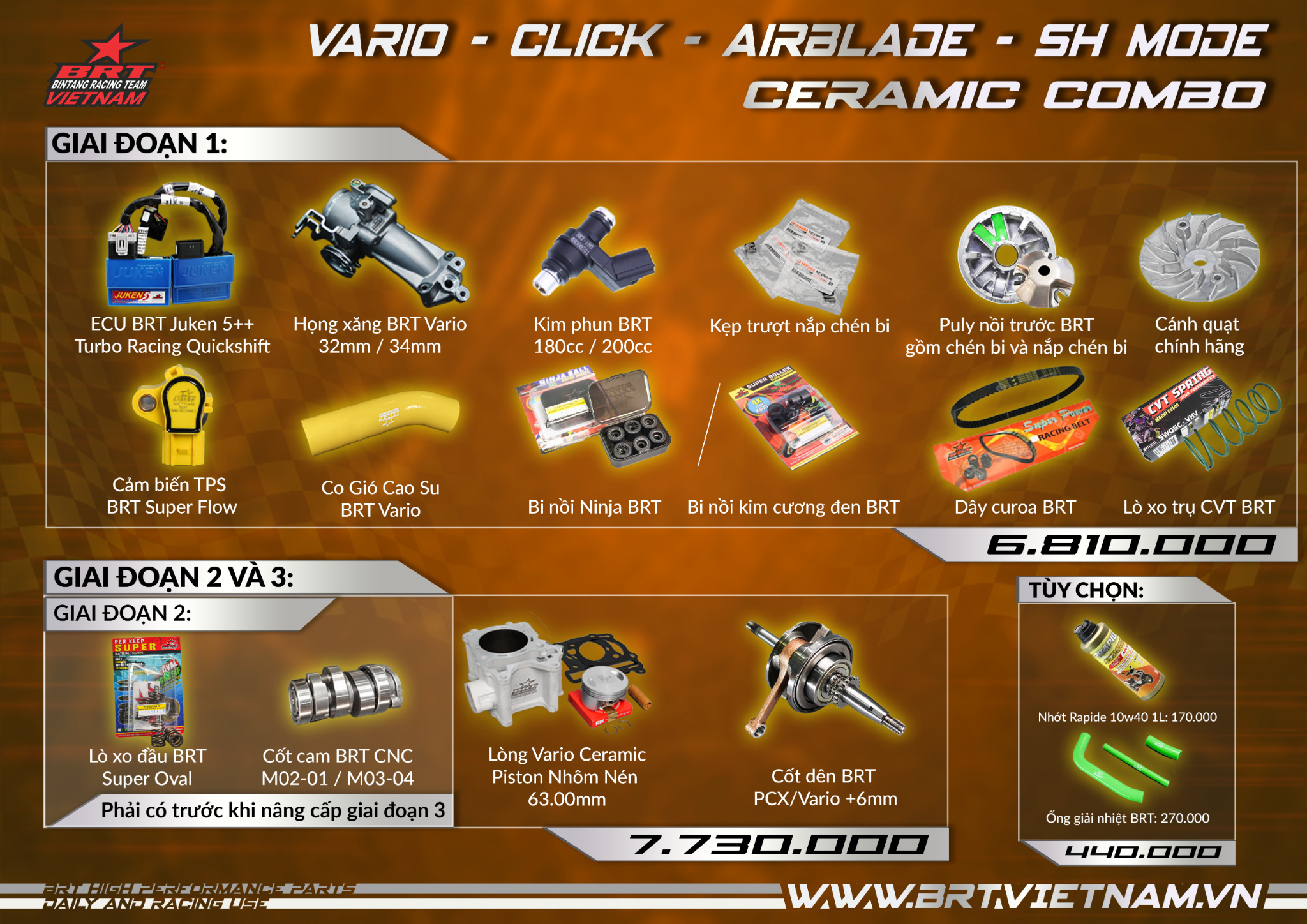 Combo BRT 180cc - 63zz Vario 125-150/ AirBlade 125/ Click 125-150/ PCX/ SH Dual Ceramic (Street)