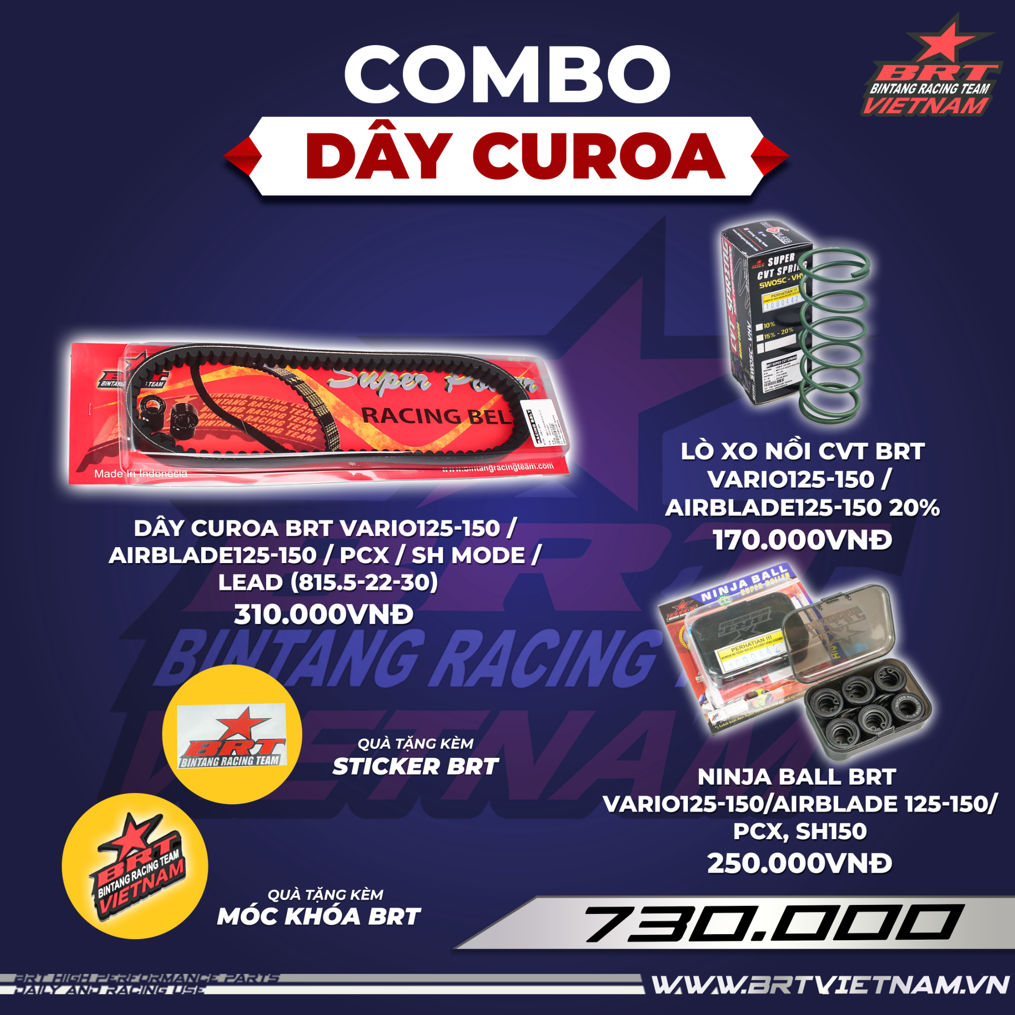  Combo Dây curoa + Ninja ball + Lò xo nồi CVT BRT Vario125-150/Airblade 125-150/PCX - Tặng kèm móc khóa + tem dán BRT 