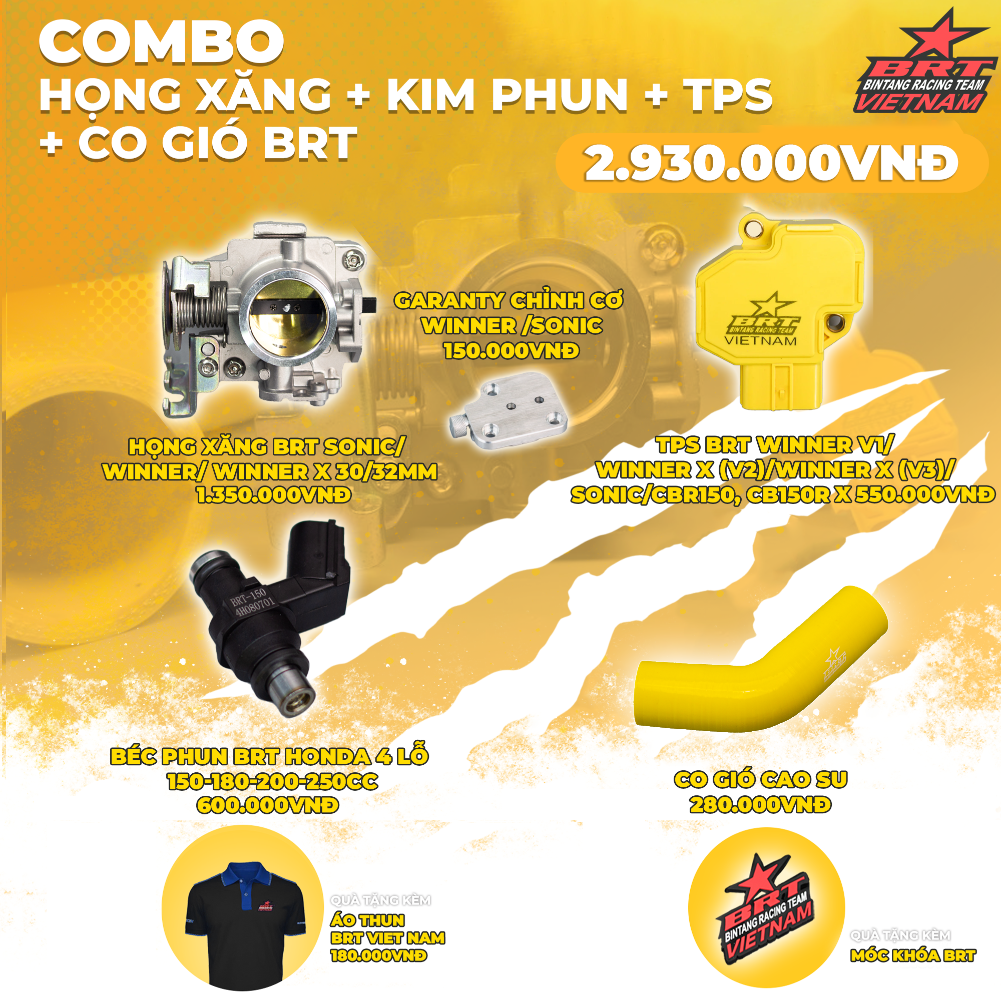  Combo Họng xăng + Kim Phun + TPS + chỉnh Garanty CNC BRT cho WINNER / SONIC - Tặng kèm áo thun BRT VIET NAM + móc khóa BRT 