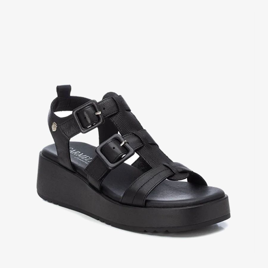  Giày Đế Xuồng Nữ CARMELA Black Leather Ladies Sandals 