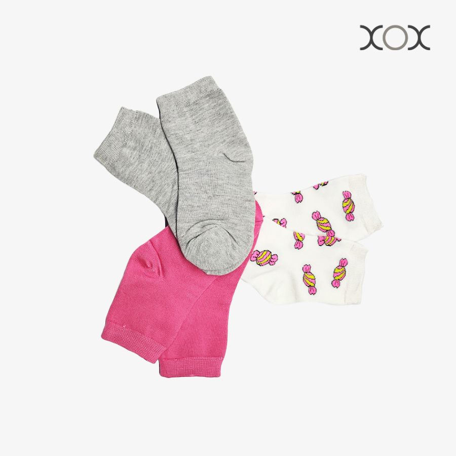  Combo 03 Vớ Trẻ Em Cổ Ngắn XOX Size 6-9Y (Hồng, Xám, Kẹo) 