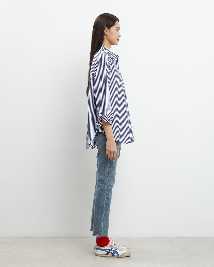  Áo Sơ Mi Nữ TheBlueTshirt Oversized Pocket Shirt - Blue Navy Stripe 