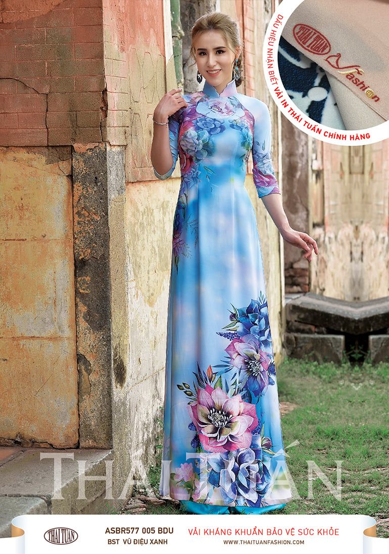 ASBR577-005-BDU | Vải Áo Dài Hoa Văn In