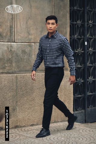 1C731K Áo Sơ Mi Nam Tay Dài Thái Tuấn Họa Tiết Màu Navy x Grey