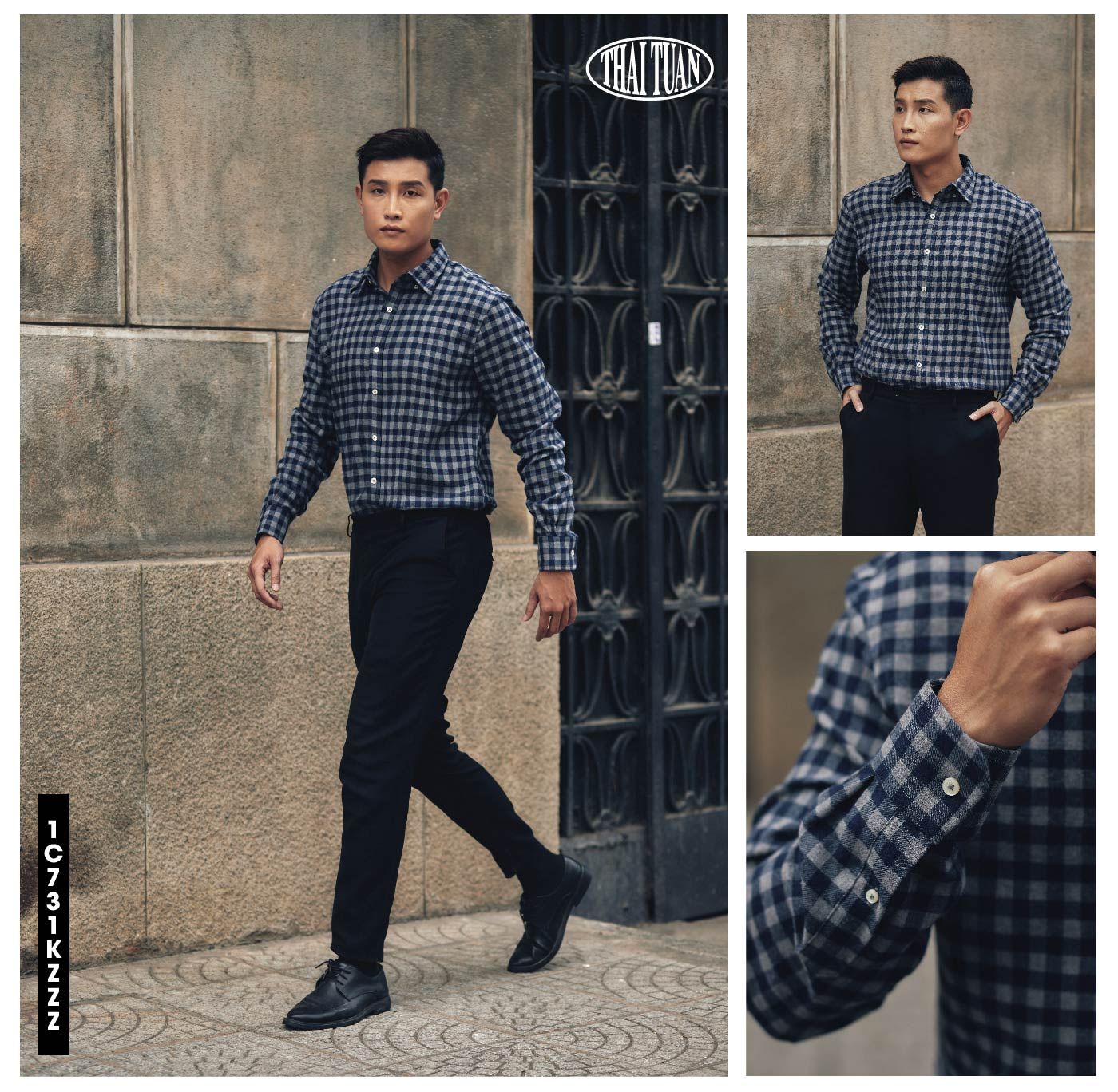 1C731K Áo Sơ Mi Nam Tay Dài Thái Tuấn Họa Tiết Màu Navy x Grey