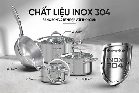 Bộ Nồi Inox SUNHOUSE SHG503 inox304 đáy liền 4 món